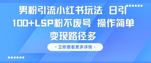 男粉引流小红书玩法，日引100+LSP粉不废号，操作简单，变现路径多-蟋蟀哥创业工作室