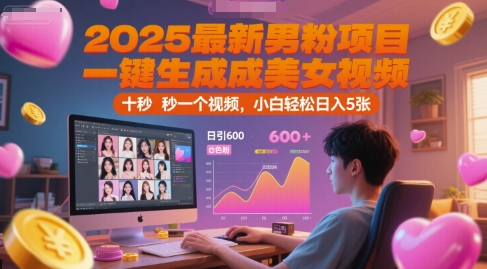 2025最新男粉项目，一键生成美女视频，日引600+色粉 十秒一个视频，小白轻松日入5张【揭秘】-蟋蟀哥创业工作室