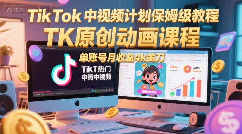 TikTok中视频计划保姆级教程，TK原创动画课程，单账号月收益4k美刀-蟋蟀哥创业工作室